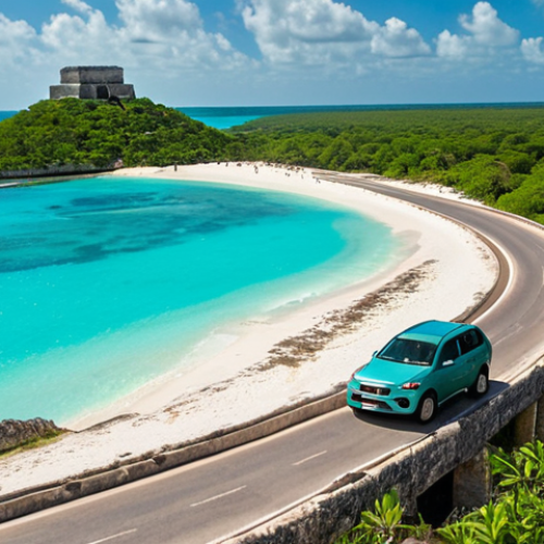 Home 15 **
A scenic view of the Yucatan Peninsula, Mexico. Show a winding road with a rental car driving towards ancient Mayan ruins in the background. Include a beautiful beach with crystal-clear turquoise water on one side. The image should convey a sense of adventure and exploration.
**