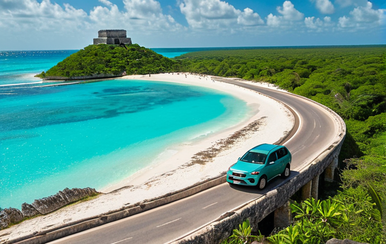 **

A scenic view of the Yucatan Peninsula, Mexico. Show a winding road with a rental car driving towards ancient Mayan ruins in the background. Include a beautiful beach with crystal-clear turquoise water on one side. The image should convey a sense of adventure and exploration.

**