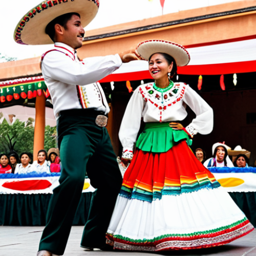 Home 14 A professional male charro dancer in a traditional, highly detailed charro suit with a wide-brimmed sombrero, silver buttons, and fitted pants, actively performing the Jarabe Tapatío alongside a female China Poblana dancer in a vibrant, voluminous red, green, and white skirt adorned with sequins and beads, an embroidered white blouse, and a rebozo. They are captured mid-spin with dynamic footwork, showcasing the energetic and rhythmic nature of the dance on a brightly lit outdoor stage in a festive Mexican plaza. The image is professional photography, full of rich details and vibrant colors, showcasing perfect anatomy, correct proportions, well-formed hands, and natural body proportions. This content is safe for work, appropriate content, fully clothed, and family-friendly.