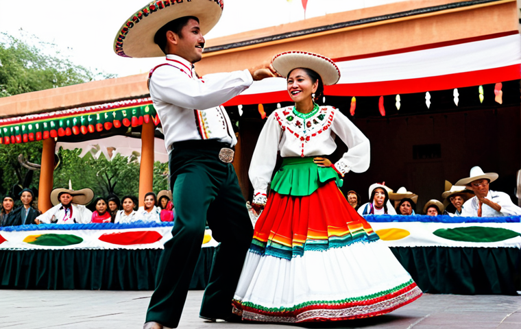 A professional male charro dancer in a traditional, highly detailed charro suit with a wide-brimmed sombrero, silver buttons, and fitted pants, actively performing the Jarabe Tapatío alongside a female China Poblana dancer in a vibrant, voluminous red, green, and white skirt adorned with sequins and beads, an embroidered white blouse, and a rebozo. They are captured mid-spin with dynamic footwork, showcasing the energetic and rhythmic nature of the dance on a brightly lit outdoor stage in a festive Mexican plaza. The image is professional photography, full of rich details and vibrant colors, showcasing perfect anatomy, correct proportions, well-formed hands, and natural body proportions. This content is safe for work, appropriate content, fully clothed, and family-friendly.