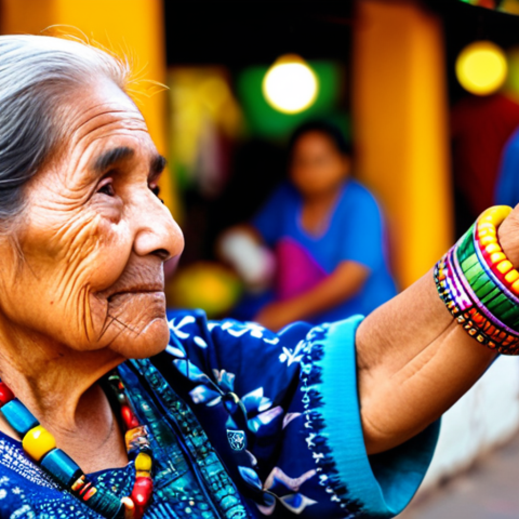 A portrait of an elderly Mexican woman, her face filled with serene wisdom, gently holding her grandchild's arm adorned with a vibrant 'ojo de venado' bracelet. She wears traditional, modest, and colorful Mexican clothing. The background features the soft blur of a bustling, traditional Oaxacan market with stalls selling crafts and textiles. The scene is illuminated by warm, natural daylight. The image should convey a sense of cultural heritage, protection, and intergenerational connection. safe for work, appropriate content, fully clothed, family-friendly, perfect anatomy, correct proportions, natural pose, well-formed hands, proper finger count, natural body proportions, professional photography, high quality.