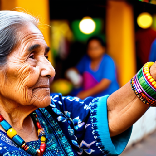 Home 7 A portrait of an elderly Mexican woman, her face filled with serene wisdom, gently holding her grandchild's arm adorned with a vibrant 'ojo de venado' bracelet. She wears traditional, modest, and colorful Mexican clothing. The background features the soft blur of a bustling, traditional Oaxacan market with stalls selling crafts and textiles. The scene is illuminated by warm, natural daylight. The image should convey a sense of cultural heritage, protection, and intergenerational connection. safe for work, appropriate content, fully clothed, family-friendly, perfect anatomy, correct proportions, natural pose, well-formed hands, proper finger count, natural body proportions, professional photography, high quality.