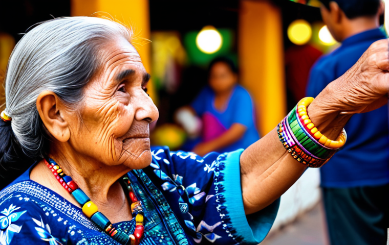 A portrait of an elderly Mexican woman, her face filled with serene wisdom, gently holding her grandchild's arm adorned with a vibrant 'ojo de venado' bracelet. She wears traditional, modest, and colorful Mexican clothing. The background features the soft blur of a bustling, traditional Oaxacan market with stalls selling crafts and textiles. The scene is illuminated by warm, natural daylight. The image should convey a sense of cultural heritage, protection, and intergenerational connection. safe for work, appropriate content, fully clothed, family-friendly, perfect anatomy, correct proportions, natural pose, well-formed hands, proper finger count, natural body proportions, professional photography, high quality.