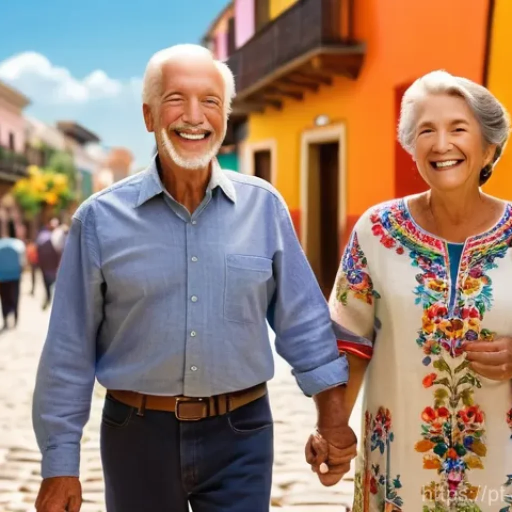 멕시코에서 은퇴 생활 - **Prompt:** A cheerful, active senior couple, dressed in comfortable, stylish casual attire, strolli...