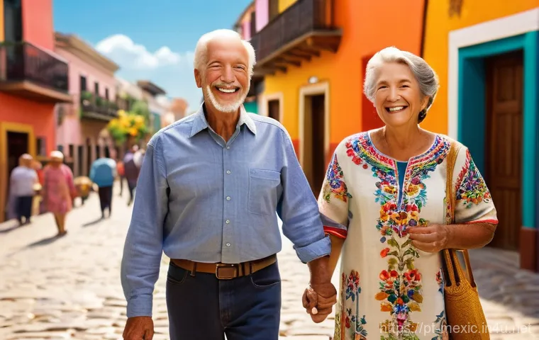 멕시코에서 은퇴 생활 - **Prompt:** A cheerful, active senior couple, dressed in comfortable, stylish casual attire, strolli...