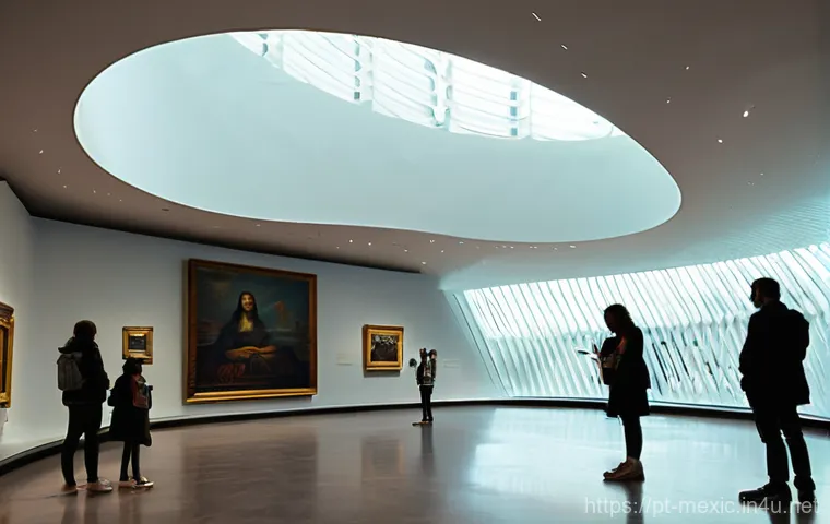 멕시코의 유명 박물관  소우마야 박물관 국립 인류학 박물관 - **Prompt Title: Futuristic Art Immersion at Museo Soumaya**
    **Detailed Prompt:** A wide-angle, i...