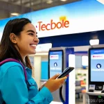 멕시코에서 스마트폰 개통하기 - A cheerful female tourist, approximately 30 years old, with a small backpack, stands at a brightly l...