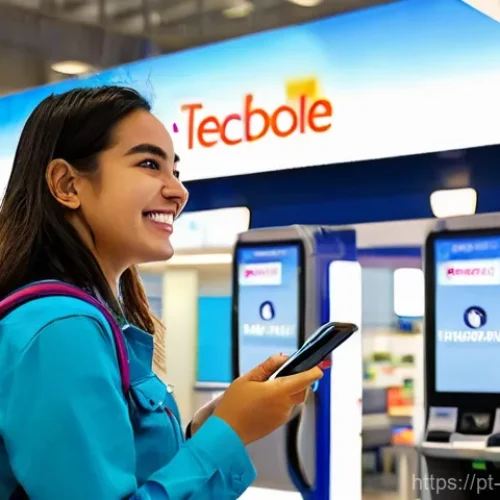 멕시코에서 스마트폰 개통하기 - A cheerful female tourist, approximately 30 years old, with a small backpack, stands at a brightly l...