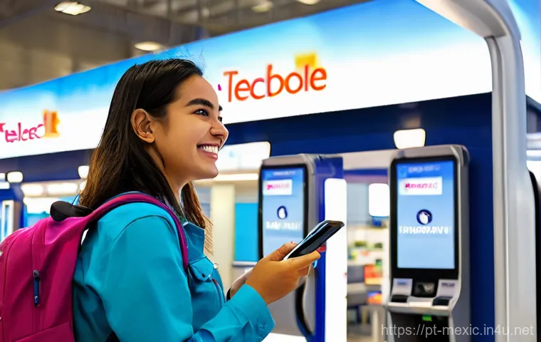 멕시코에서 스마트폰 개통하기 - A cheerful female tourist, approximately 30 years old, with a small backpack, stands at a brightly l...