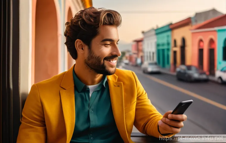 멕시코에서 스마트폰 개통하기 - A cheerful female tourist, approximately 30 years old, with a small backpack, stands at a brightly l...