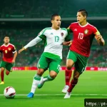 Home 14 멕시코 유명 축구 선수 라울 히메네스 치차리토 - A dynamic soccer scene featuring two professional male players resembling Raúl Jiménez and Chicharit...