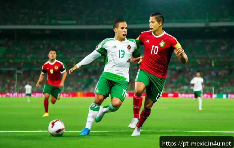 멕시코 유명 축구 선수 라울 히메네스 치차리토 - A dynamic soccer scene featuring two professional male players resembling Raúl Jiménez and Chicharit...
